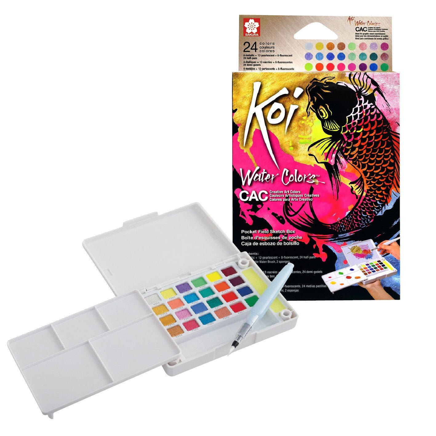 Sakura KOI Watercolor Paint Set - Pocket Field Sketch Box With Waterbrush - Travel Kit, Assorted Colors, Made In Japan